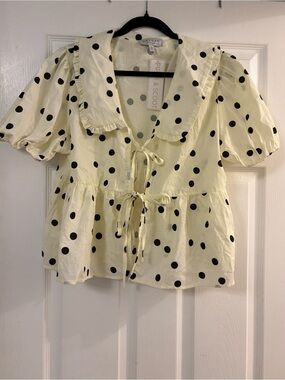 NWT Polka Dot Tie-Front Top - Cream/Black